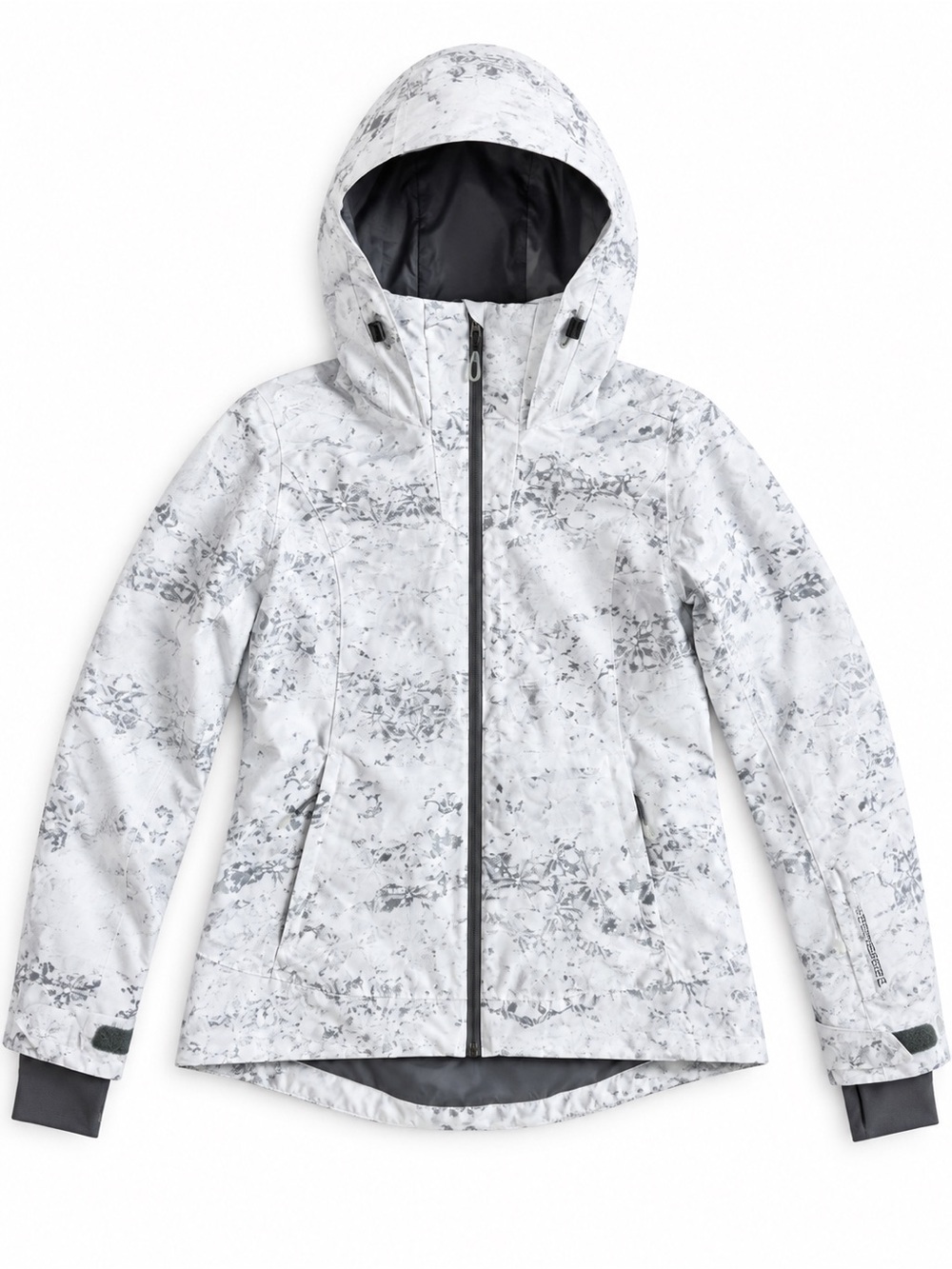 Obermeyer Insulated Ski Jacket White Gray Abstract Snowflake Print Parka Size 6
